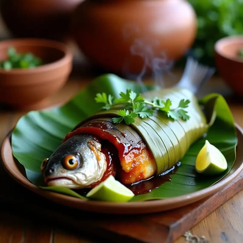 Mojarra a la talla asada en hoja de plátano abierta, bañada en adobo rojo de guajillo, decorada con cilantro fresco y gajos de limón sobre mesa rústica de madera.