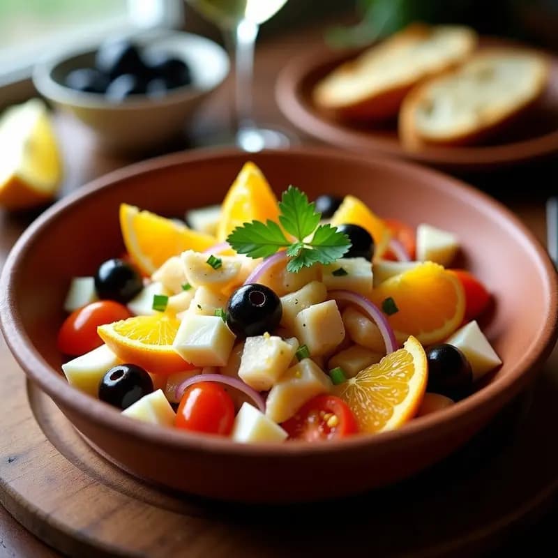 Mojete murciano servido en bol de barro con bacalao desmenuzado, gajos de naranja, aceitunas negras, huevo duro en cubos, tomate y cebolla morada, aliñado con aceite de oliva y perejil fresco.