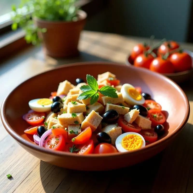 Bol grande de barro con mojete de bacalao desmenuzado, tomate rojo en cubos, pimiento verde asado en tiras, cebolla morada, huevo duro en cuartos y aceitunas negras, aliñado con aceite de oliva. Perejil fresco picado por encima. Ensalada murciana fresca servida sobre fondo rústico de madera.