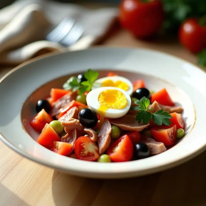 Plato hondo de cerámica blanca con mojete de ensalada murciana: mezcla colorida de tomate, cebolla morada, pimientos asados, atún en trozos, huevos duros en rodajas y aceitunas negras, decorado con perejil fresco y un hilo de aceite de oliva virgen extra.