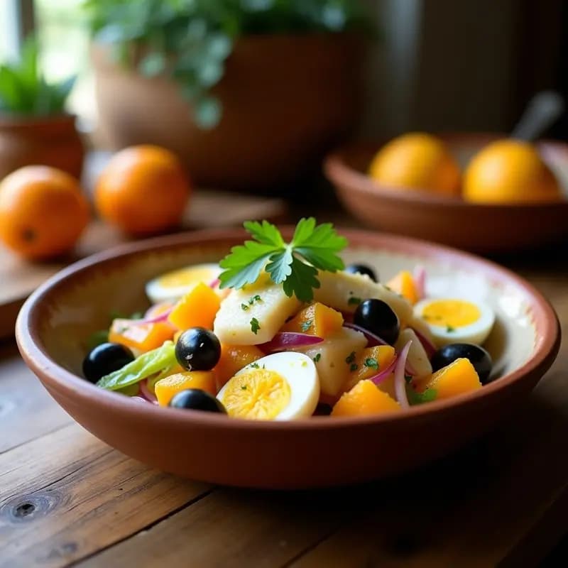 Plato hondo de barro con mojete de invierno: bacalao desmenuzado, gajos de naranja, cebolla morada, pimiento verde, aceitunas negras, huevo duro y perejil fresco, aliñado con aceite de oliva, receta murciana tradicional.