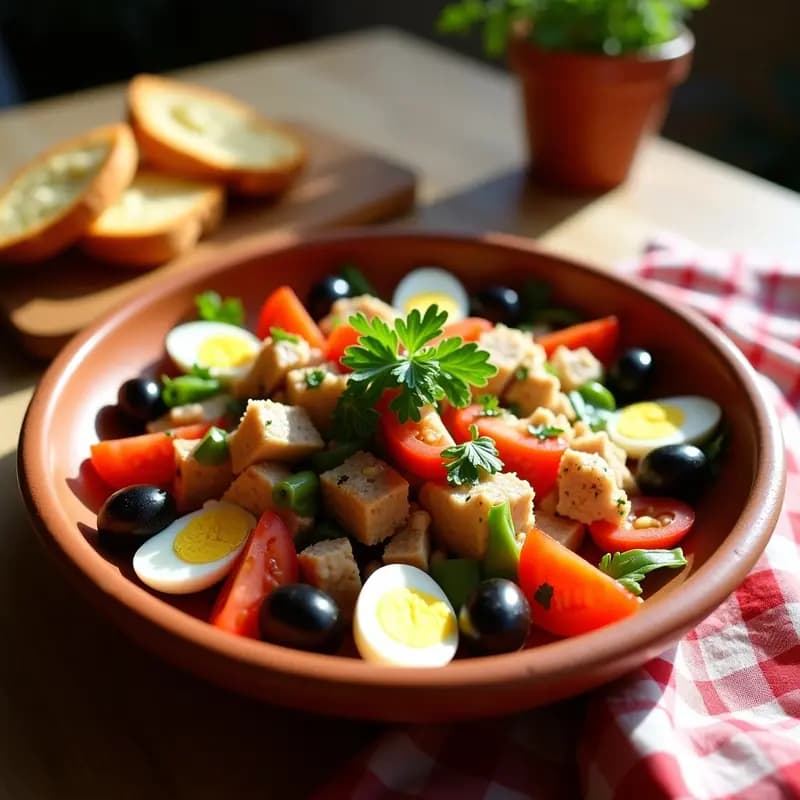 Plato hondo de barro con mojete murciano: ensalada tradicional con trozos de bacalao desalado, atún, tomate, cebolla morada, pimiento verde, huevo duro y aceitunas, acompañada de rebanadas de pan tostado. Aliño brillante con aceite de oliva y perejil fresco.