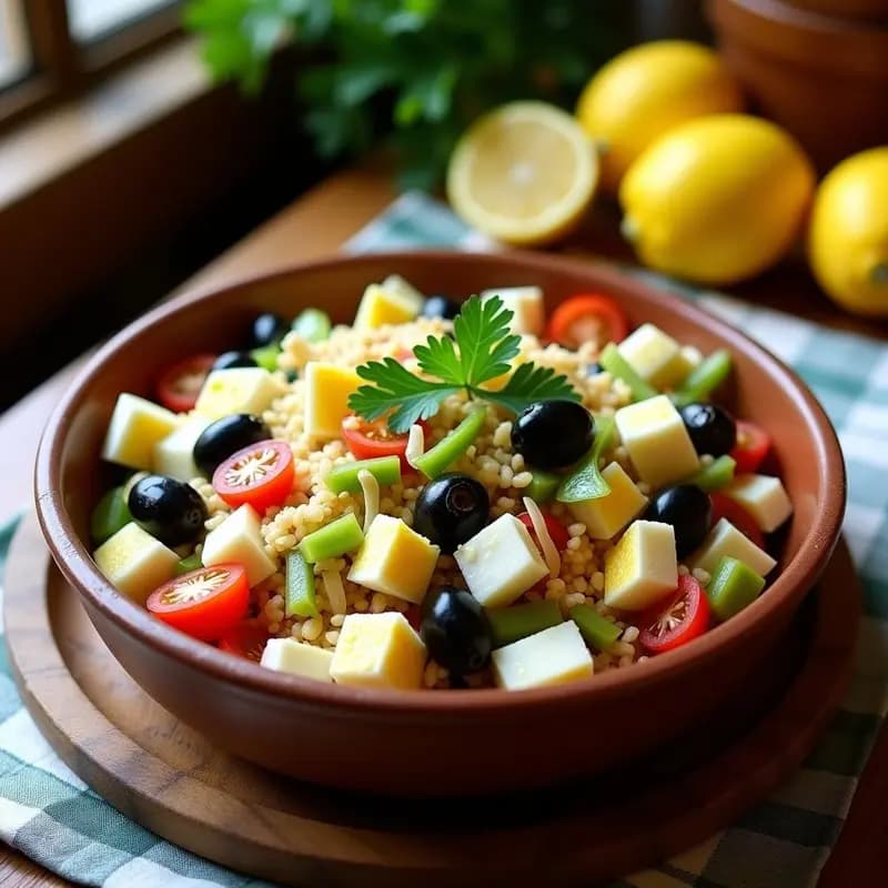 Ensalada tradicional murciana mojete con bacalao desmenuzado, tomate, cebolla morada, aceitunas negras y huevo duro, aliñada con vinagreta de limón fresco y decorada con perejil. Plato colorido y apetecible sobre fondo rústico.