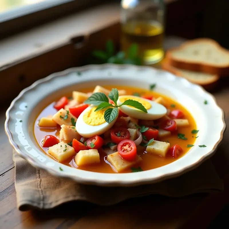 Plato de mojete murciano con bacalao desmenuzado, huevo duro, ñoras y pimientos secos en tiras, aliñado con aceite de oliva y perejil fresco sobre una mesa rústica.
