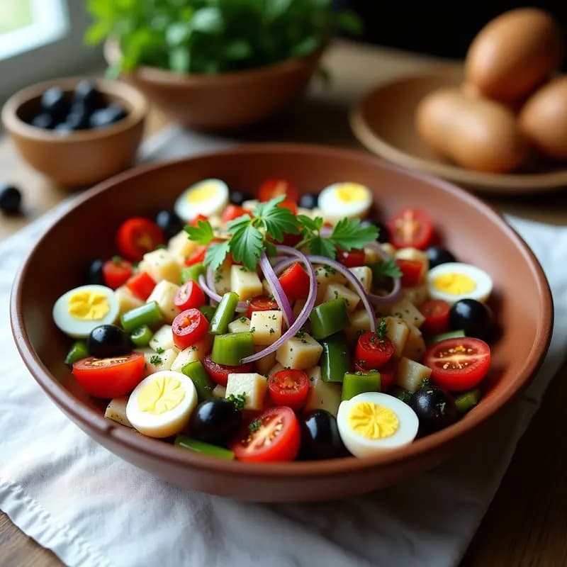 Plato hondo de barro con mojete murciano: bacalao desmenuzado, ñoras asadas en tiras, tomate, pimiento verde, cebolla morada, huevo duro y aceitunas, aliñado con aceite de oliva y perejil picado. Receta tradicional con toques ahumados.