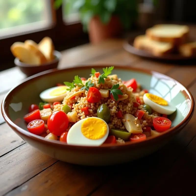Plato de mojete murciano tradicional con bacalao desmenuzado, pimientos asados rojos y verdes, huevo duro en cuartos, cebolla morada y tomate, aliñado con aceite de oliva, servido en un bol de barro rústico.