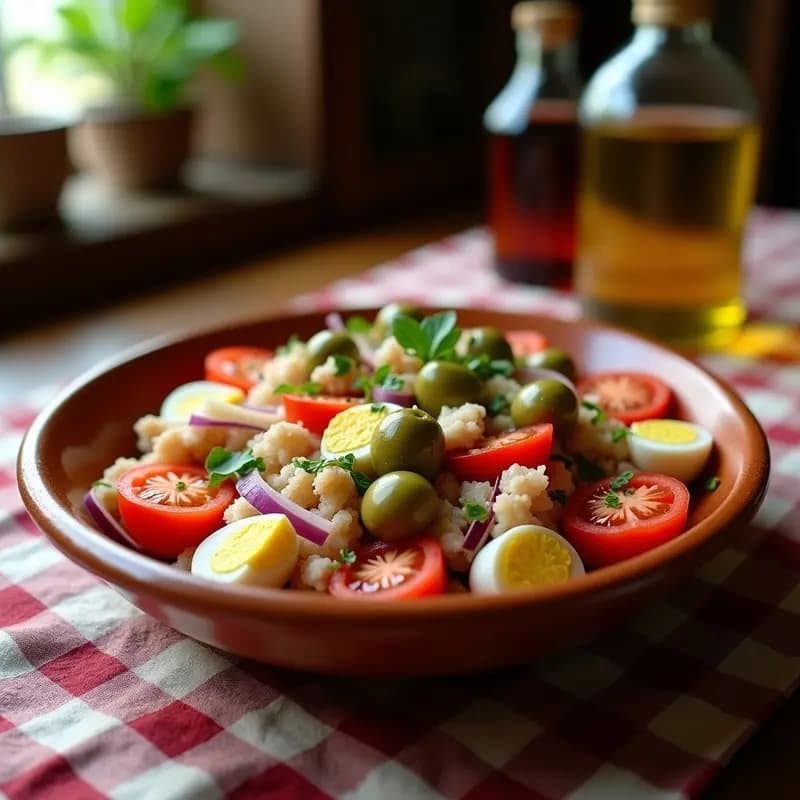 Plato hondo de barro con mojete murciano: ensalada colorida de tomate rojo en cubos, bacalao desmenuzado, huevo duro en trozos, aceitunas verdes, cebolla morada y pimiento verde, aliñado con aceite de oliva y perejil fresco picado.