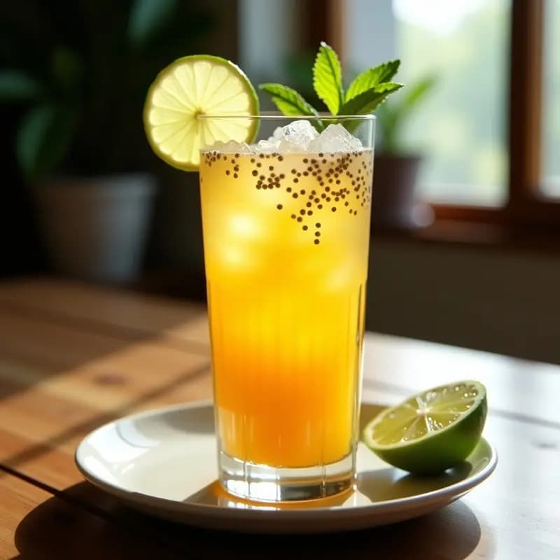 Vaso alto transparente con Moji de Maracuyá y Menta con Limón, lleno de hielo picado, semillas de chía hidratadas, burbujas de agua con gas y decorado con rodaja de limón y hoja de menta fresca. Bebida brasileña refrescante y digestiva.