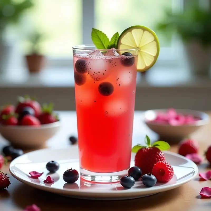 Vaso alto transparente con Moji de Frutos Rojos y Menta, bebida iraní refrescante sin azúcar, decorado con frutos rojos frescos, hojas de menta y una rodaja de limón, sobre fondo rústico con hielo brillante.
