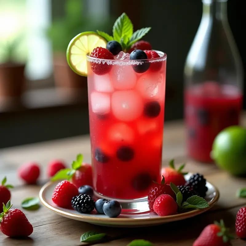 Vaso alto de cristal con mojito de frutos rojos sin alcohol, decorado con fresas, frambuesas, hojas de hierbabuena y hielo picado, con burbujas visibles y fondo de madera rústica.