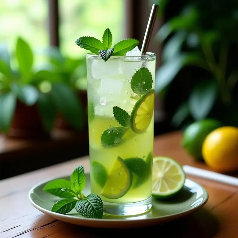 Vaso alto transparente con mojito cubano sin alcohol, lleno de hielo, hojas de hierbabuena fresca, rodaja de lima y burbujas efervescentes, servido sobre una mesa rústica con fondo de luz natural.