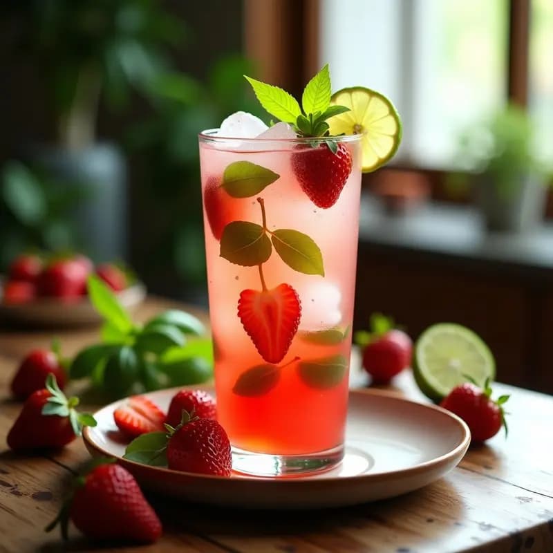 Vaso alto transparente con mojito de fresa y albahaca sin alcohol ni azúcar, decorado con rodajas de fresa, hojas de albahaca y menta, hielo picado y un fondo de luz natural que resalta el color rojo vibrante de la bebida.