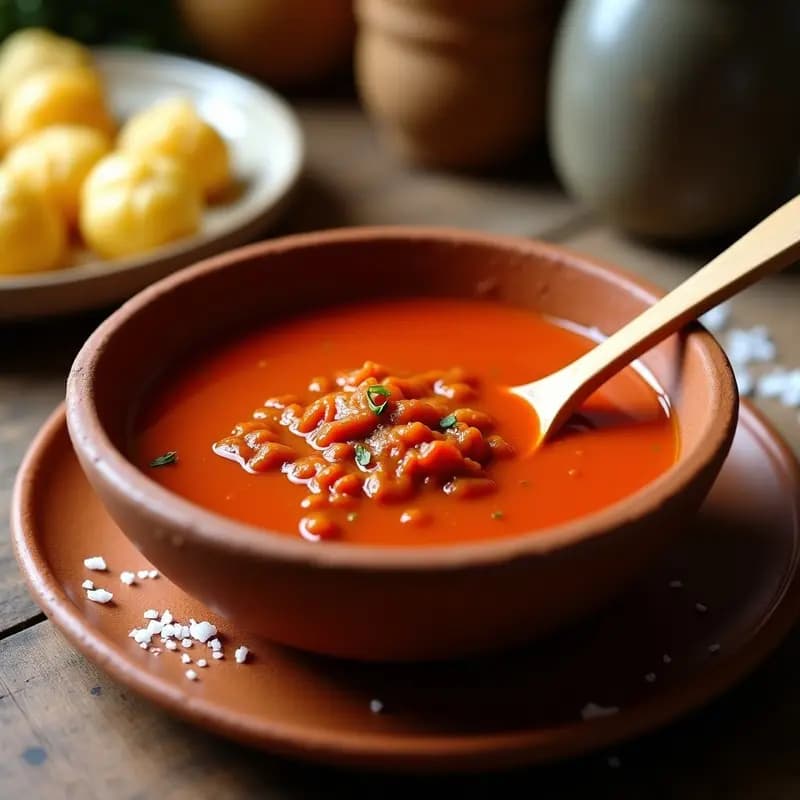 Mojo picón canario vegano en cuenco de barro, con textura cremosa y color rojo intenso, acompañado de papas arrugadas y un chorrito de aceite de oliva.