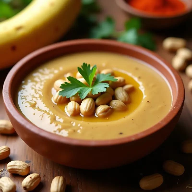 Cuenco de barro con mojo de plátano macho y cacahuete vegano, textura cremosa y color dorado, decorado con cilantro fresco y cacahuetes picados, sobre fondo rústico de madera con plátano macho y especias al lado.