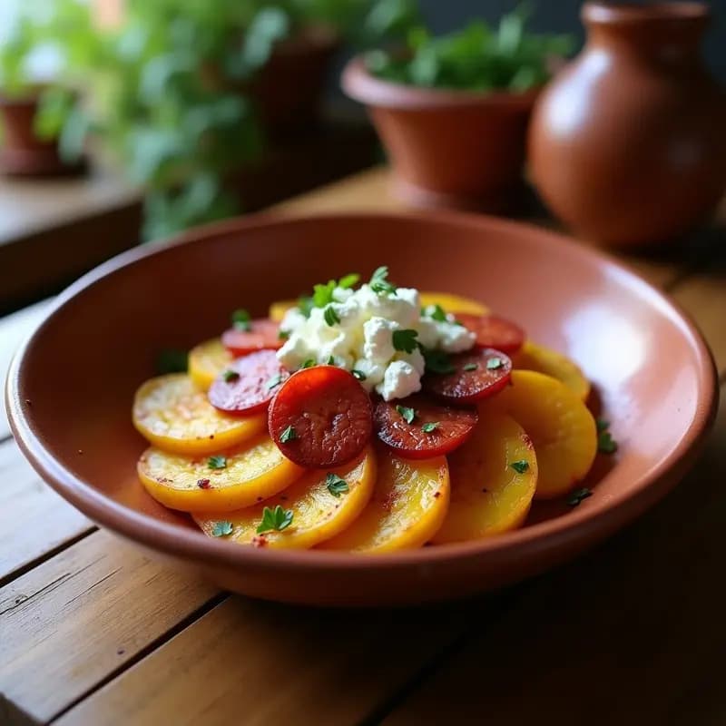 Plato rústico de barro con rodajas doradas de plátano macho asado, cubiertas con chorizo canario en rodajas y queso fresco de cabra desmenuzado. Decorado con perejil fresco y un toque de pimentón espolvoreado. Receta tradicional canaria de Mojo de Plátano Macho con Chorizo y Queso Fresco.