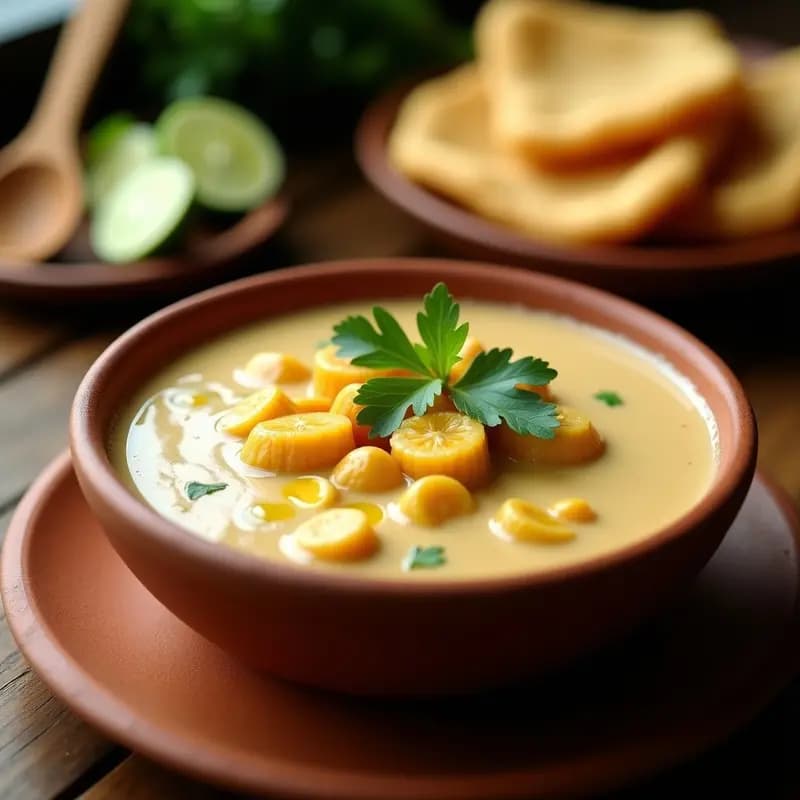 Mojo cremoso de yucca y plátano macho en un bol de barro, con textura sedosa y trozos dorados de plátano. Acompañado de rodajas de limón y hojas de cilantro fresco, sobre una mesa rústica de madera con arepas al fondo.