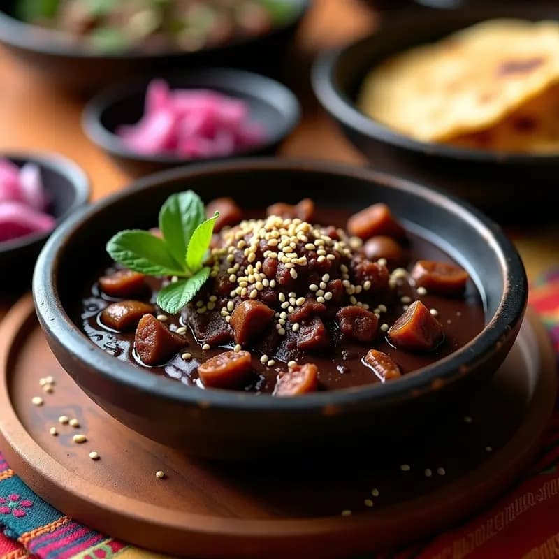 Plato tradicional mexicano con mole negro espeso de color oscuro servido sobre jackfruit desmenuzado, decorado con semillas de sésamo y rodajas de cebolla morada, acompañado de tortillas de maíz azul y hierbas frescas.