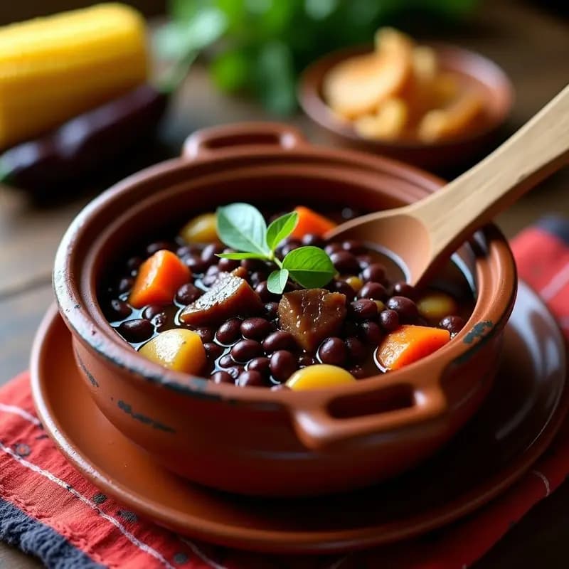 Plato hondo de barro con mole de olla espeso de frijoles negros, caldo oscuro con tonos rojizos del chile pasilla, trozos de zapote negro y hierbas frescas. Acompañado de arroz blanco y tortillas de maíz sobre una mesa rústica de madera con detalles tradicionales mexicanos.