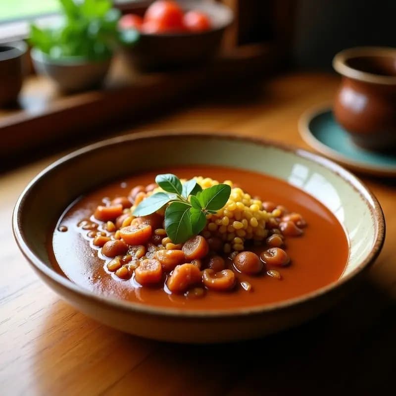 Olla de barro humeante con mole de olla vegano, lleno de trozos de jackfruit dorada, zanahorias, papas y hongos portobello bañados en una salsa oscura y espesa. Acompañado de tortillas de maíz y decorado con hojas de epazote fresco.