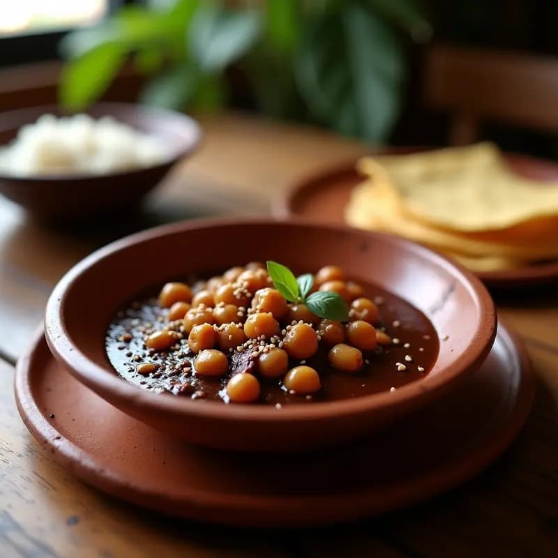 Plato hondo de barro con Mole Poblano con Garbanzos y Chocolate, salsa oscura y brillante cubriendo garbanzos dorados, espolvoreado con semillas de sésamo. Acompañado de arroz blanco y tortillas de maíz. Receta mexicana vegana y rápida en olla express.