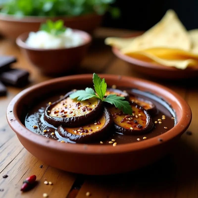 Plato hondo de barro con mole poblano vegano de champiñones y chocolate, salsa oscura y brillante con trozos de champiñones portobello, decorado con semillas de sésamo y almendras fileteadas, acompañado de arroz blanco y tortillas de maíz.