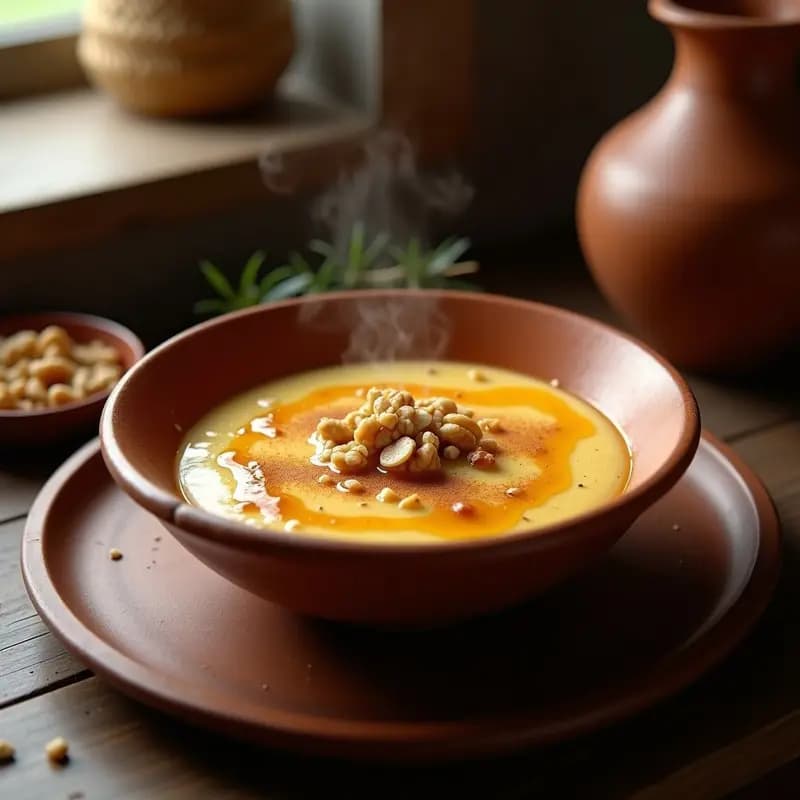 Cuenco de barro humeante con molerías o gachas dulces con miel, espolvoreadas con canela y nueces picadas, sobre una mesa de madera rústica con fondo de cocina tradicional extremeña.