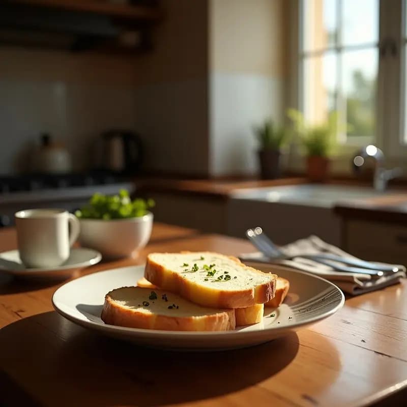 Plato rústico de madera con rebanadas doradas de molina de pan fritas en aceite de oliva, espolvoreadas con sal gruesa, desayuno extremeño tradicional.