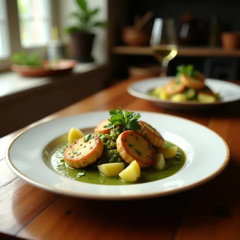 Plato hondo de barro con mollejas de pollo en salsa verde cremosa, acompañadas de patatas cocidas y perejil fresco. Receta tradicional española para domingo en familia.
