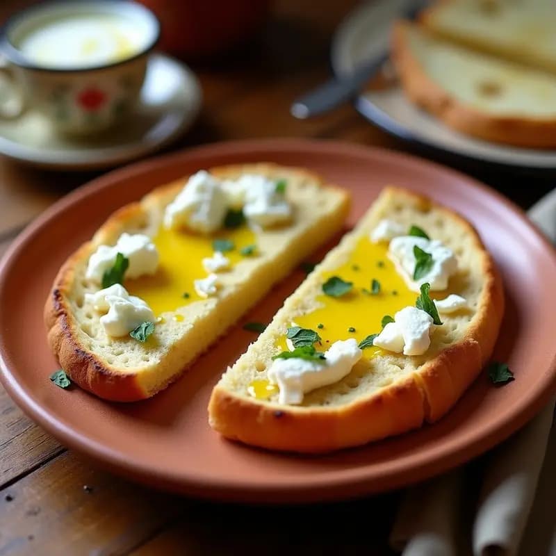 Mollete tostado abierto con aceite de oliva virgen extra, ajo picado y queso fresco desmenuzado, servido en plato rústico de barro sobre fondo de madera. Desayuno andaluz tradicional sin horno.