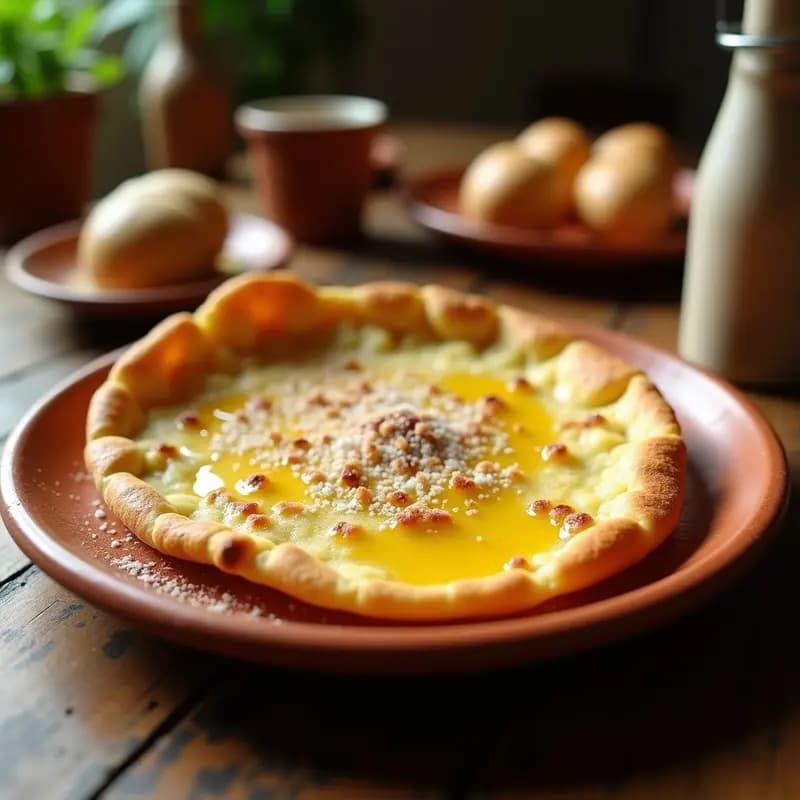 Mollete andaluz dorado y crujiente con aceite de oliva virgen extra brillante y azúcar blanco espolvoreado, desayuno tradicional andaluz en un plato rústico de barro.