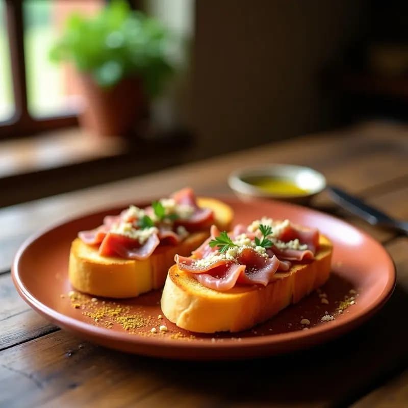 Mollete cordobés tostado y dorado, untado con aceite de oliva, ajo y pimentón, cubierto con taquitos de jamón serrano y queso manchego semicurado derretido, servido en plato rústico de barro sobre fondo de madera.
