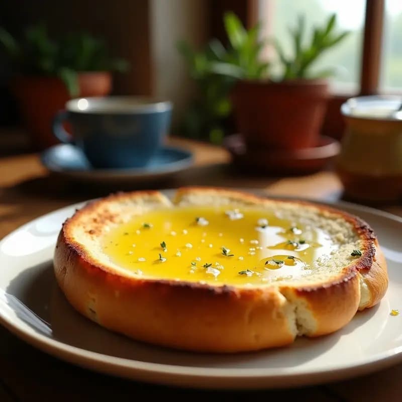 Mollete tradicional andaluz tostado a la perfección, dorado y crujiente, con un generoso chorro de aceite de oliva virgen extra brillando sobre su superficie y una pizca de sal marina fina espolvoreada. Plato sencillo y rústico sobre una mesa de madera, típico desayuno andaluz.