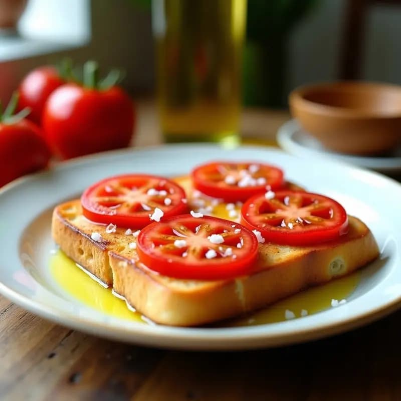 Mollete andaluz tostado y dorado con tomate maduro rallado espeso y aceite de oliva virgen extra brillando sobre la superficie, espolvoreado con sal gruesa. Plato sencillo de desayuno tradicional español sobre fondo rústico de madera.