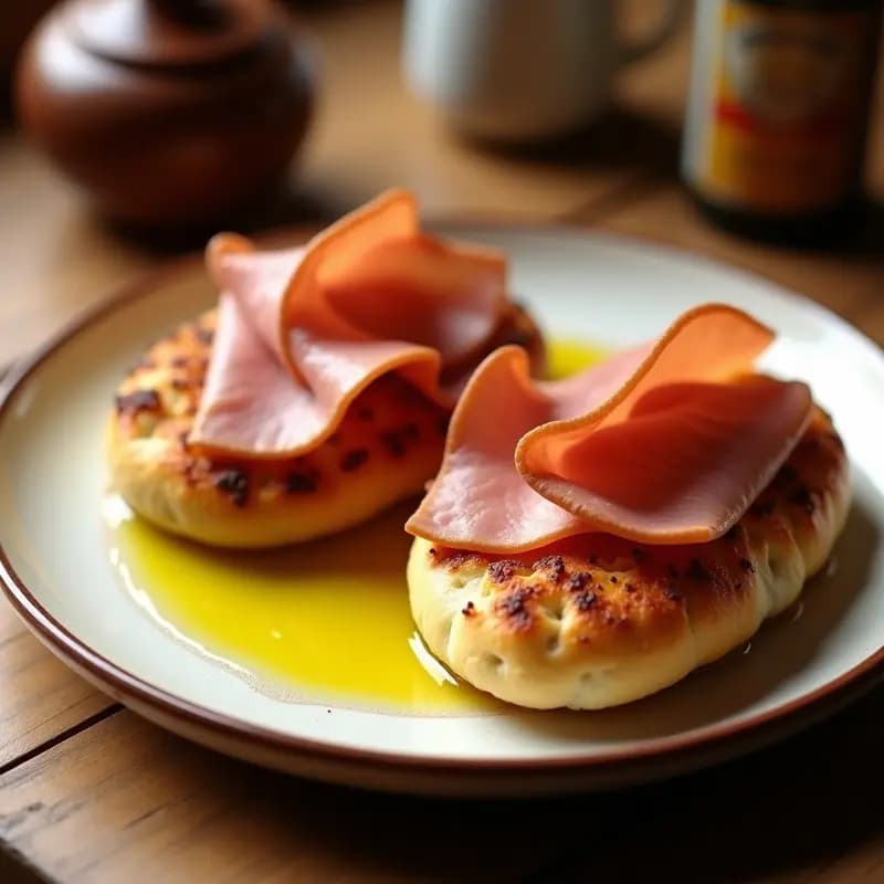 Dos molletes andaluces tostados y dorados con aceite de oliva virgen extra brillante y lonchas finas de jamón serrano colocadas encima, sobre un plato de barro rústico. Desayuno tradicional andaluz sencillo y apetitoso.