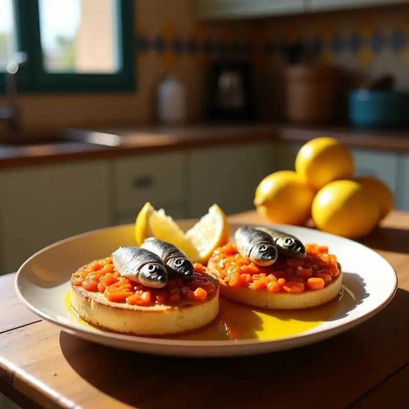 Plato rústico con dos molletes tostados cubiertos de manteca colorá naranja y sardinas en aceite, decorado con limón. Desayuno tradicional gaditano.