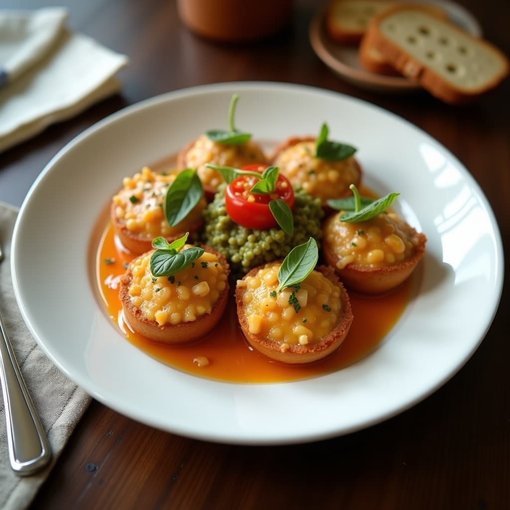 Molletes de pan de centeno tostado con puré cremoso de alcachofa y anchoas veganas, decorados con rúcula fresca, tomates cherry y semillas de sésamo sobre fondo rústico de madera.