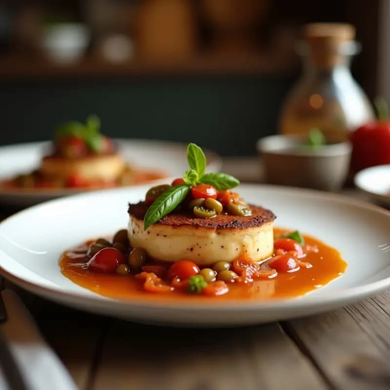 Montadito de lomo en manteca con pimientos del padrón: rebanada de pan de chapata tostado con lonchas de lomo ibérico dorado y pimientos del padrón fritos, servido en plato rústico de barro con sal gruesa espolvoreada.