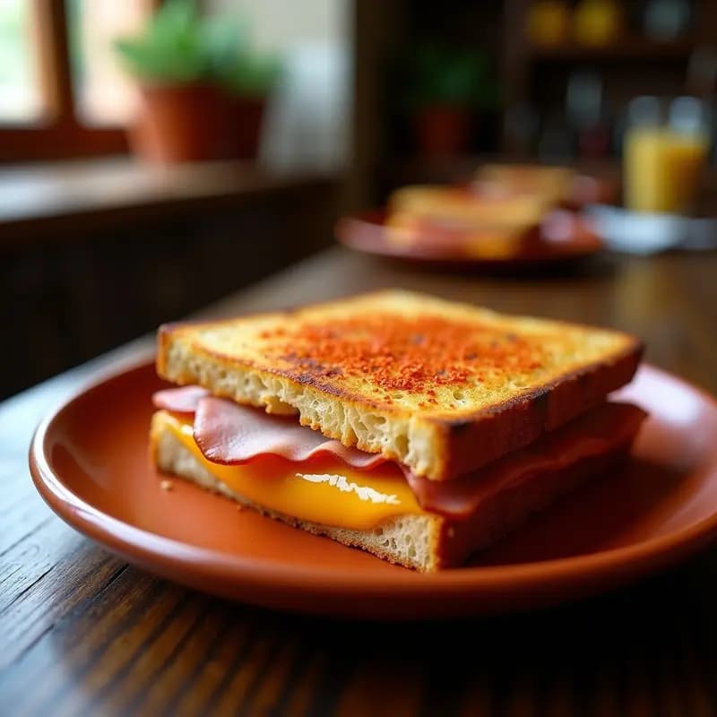 Montadito de lomo con queso fundido y pimentón dulce sobre pan tostado, servido en plato rústico de barro con fondo de madera oscura, receta de bar en 10 minutos.