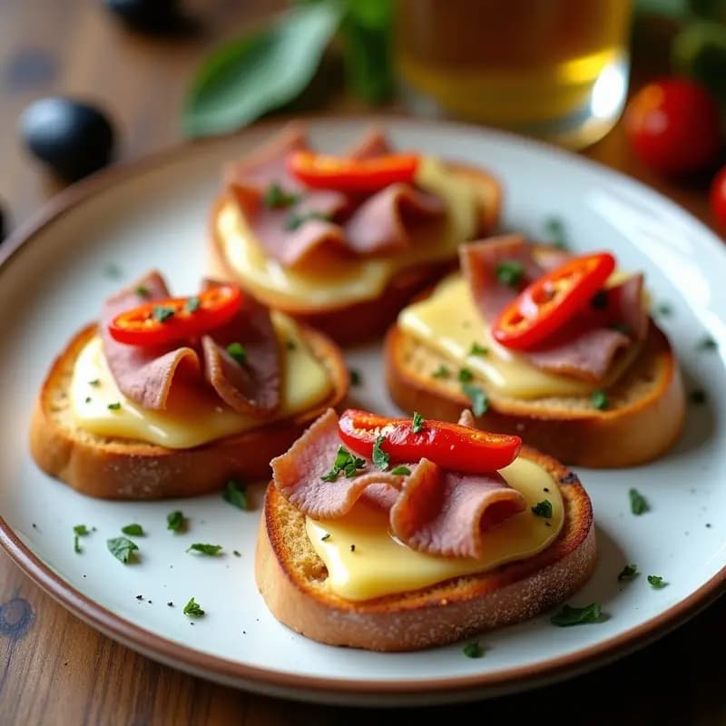 Montaditos de lomo con queso fundido y pimiento asado sobre pan tostado, tapa sevillana tradicional servida en plato blanco rústico.