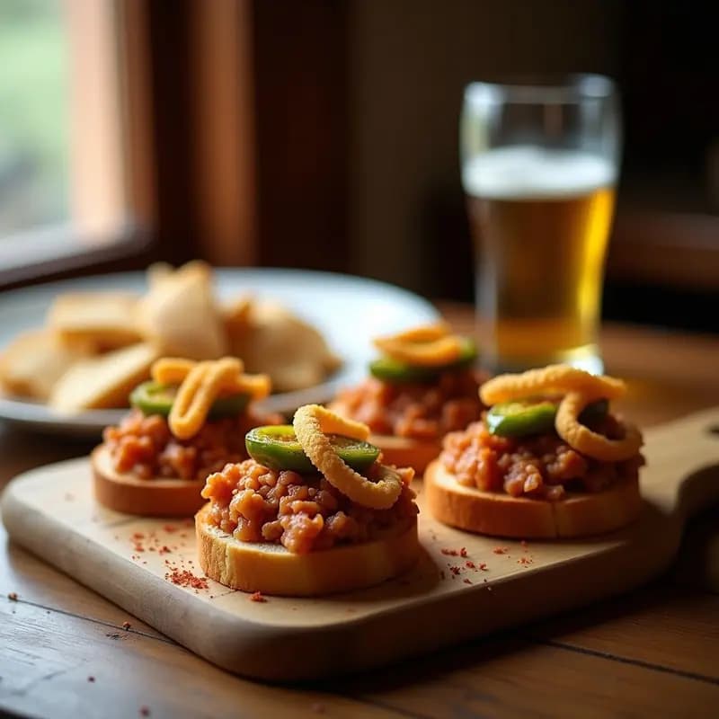 Montadito de pringá con pimientos fritos sobre pan tostado, con pimientos verdes crujientes rebozados y pringá jugosa, servido en tabla de madera rústica con fondo desenfocado.