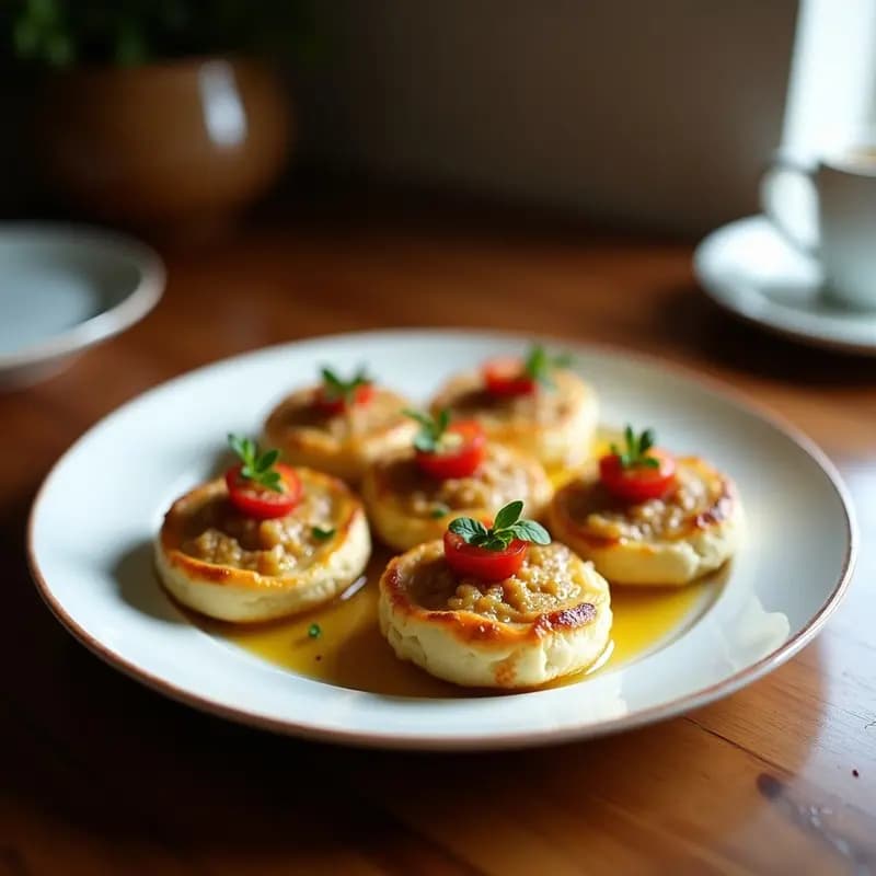 Montaditos de pan integral con rodajas de berenjena asada dorada, ventresca de atún desmenuzada y pimientos del padrón verdes fritos, decorados con perejil fresco sobre una tabla de madera rústica.