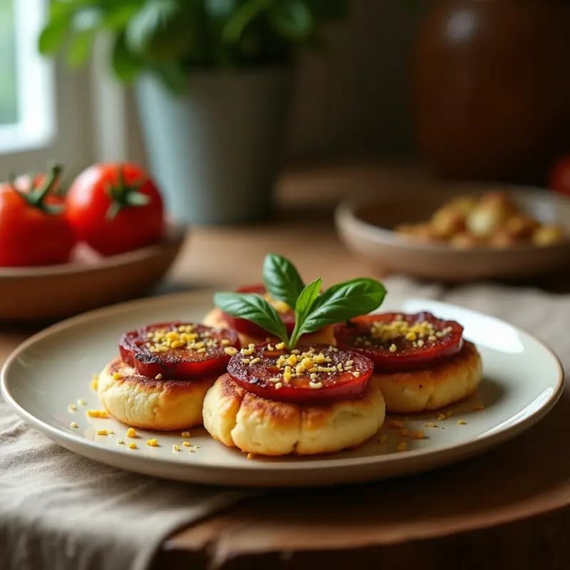 Montaditos de lomo en manteca dorado sobre pan tostado, acompañados de pimientos del Padrón fritos, servidos en una tabla de madera rústica.