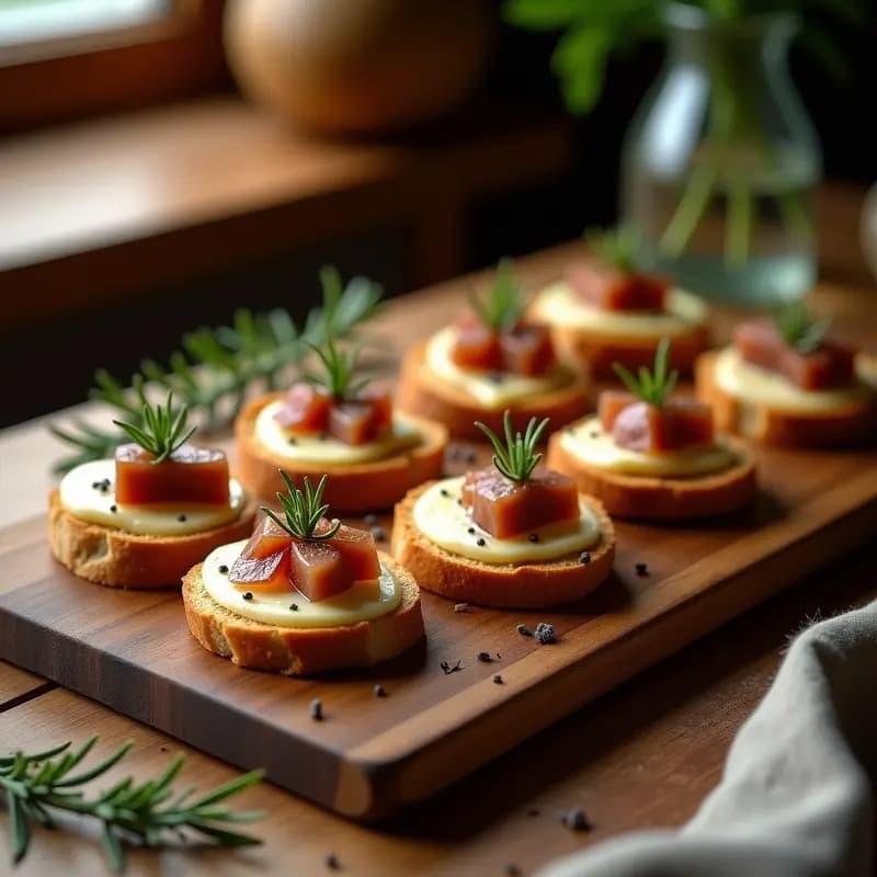Montaditos de pan integral tostado con láminas de queso de Mahón curado, tiras de lomo adobado, mermelada de higo y hojas de rúcula, servidos en tabla de madera rústica.