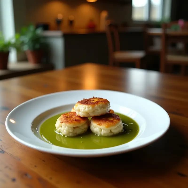 Montaditos de lomo en salsa verde sobre pan de barra tostado, con perejil fresco y un chorrito de aceite de oliva, servidos en una tabla de madera rústica.