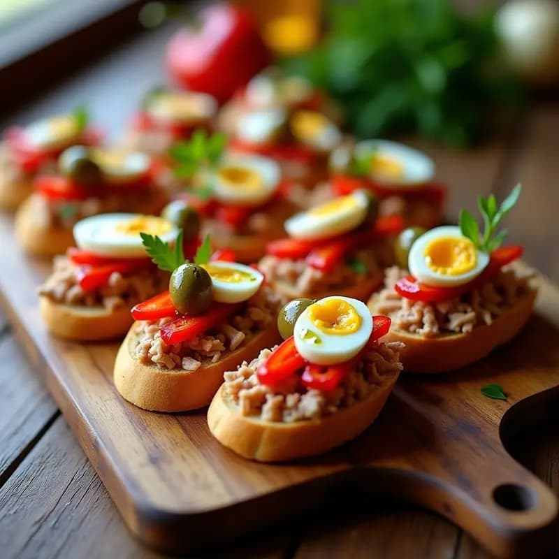 Montaditos de pringá con pimientos asados servidos en bandeja de madera, con rebanadas de pan tostado, pringá jugosa, tiras de pimientos rojos asados, huevo duro en rodajas y aceitunas verdes. Receta tradicional sevillana para tapas.
