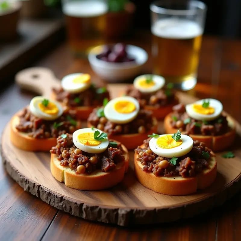 Montaditos de pringá sevillana sobre pan tostado, con pringá jugosa de restos de cocido, huevo duro picado y perejil fresco, servidos en una tabla de madera rústica.