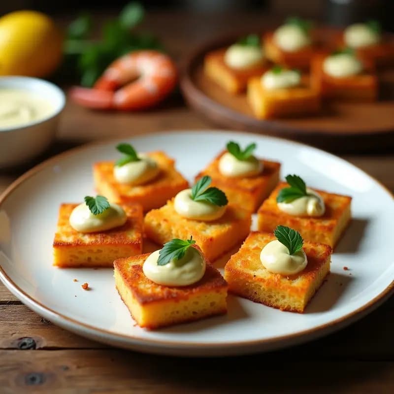 Montaditos de tortilla de camarones dorada y crujiente sobre pan tostado, acompañados de salsa alioli cremosa y perejil fresco. Tapa andaluza tradicional lista para servir.