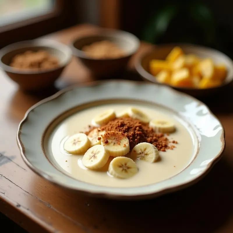 Cazuela de barro con moqueca de banana da terra y leche de coco, postre brasileño vegano con rodajas doradas de banana bañadas en salsa cremosa de coco, espolvoreado con canela y coco rallado, acompañado de almendras fileteadas.