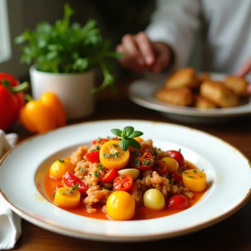 Cazuela de barro humeante con moqueca de palmito y pimientos con leche de coco, decorada con cilantro fresco y almendras fileteadas, sobre un fondo rústico de madera oscuro.