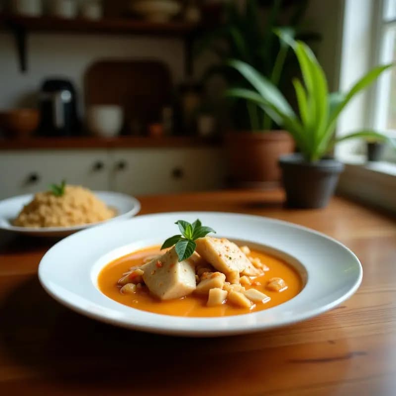 Olla de barro con moqueca de peixe com leite de coco, pescado blanco en trozos bañados en salsa cremosa de leche de coco, pimientos rojos y verdes, cilantro fresco y aceite de dendê, servida con arroz blanco al lado.